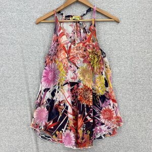 Tyche Blouse Womens Small Floral Pick Sleeveless Silky Top Flowy Sheer Tropical